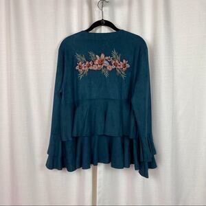JOH Teal Velvet Floral Embroidered Ruffle Jacket Sz.XL NWT